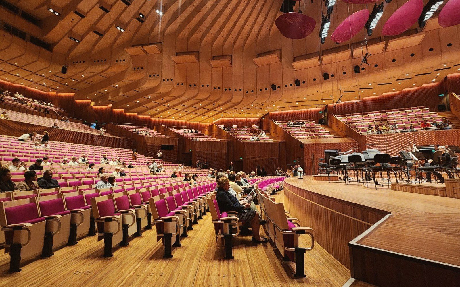 Wood-paneled concert hall with pink seats and acoustic panels hanging above the stage